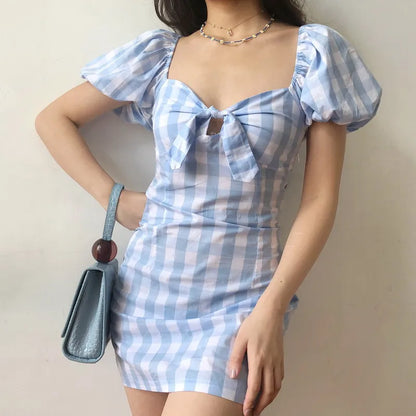 nvxiot  -  European and American Retro Chest Bow Square Neck Bubble Sleeve Slim Blue White Plaid Dress