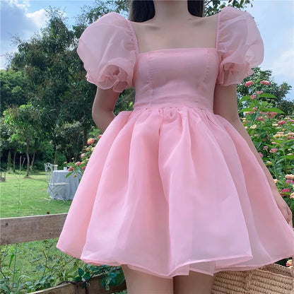 vzyzv  -  Woman Sweet Pink Dress Summer Retro Elegant Square Collar Puff Sleeve Fluffy Dress Korean Organza Mini Princess Dress