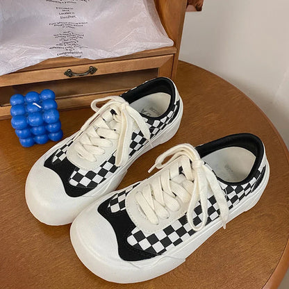 vzyzv  -  Women's Retro Checkerboard Plaid Canvas Shoes, Women's Round Toe Lace-Up Platform Plaid Sneakers Flat Sports and Leisure Street