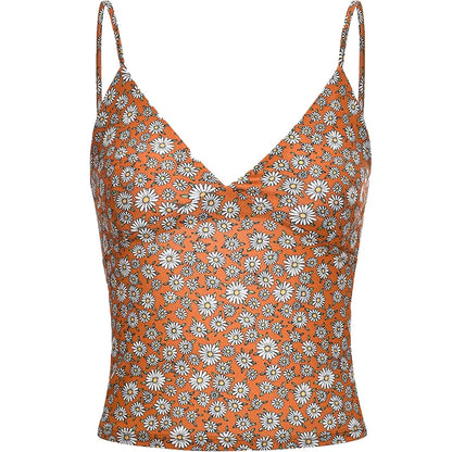 nvxiot  -  American Orange Daisy Print Deep V-neck Sexy Slim Suspender Vest