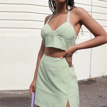 vzyzv -  Summer Green Plaid Print Halter Neck 2 Two Piece Set Women High Waist Sexy Mini A Line Skirt Sleeveless Y2k Crop Tops Suit