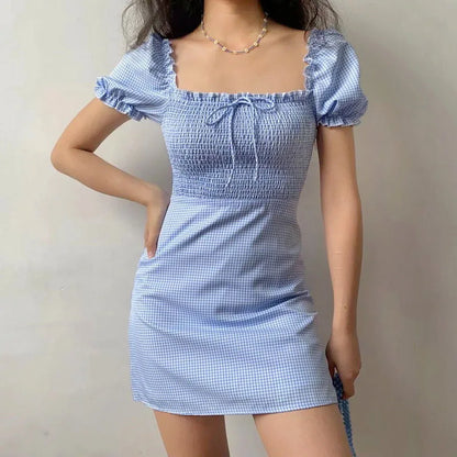 nvxiot  -  Little Fresh Pleated Blue White Plaid Bubble Sleeve Square Neck Short Sleeve A-line Dress