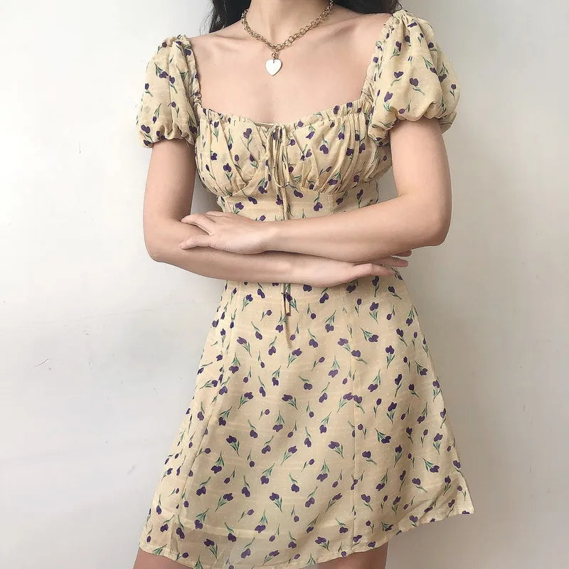 nvxiot  -  French Drawstring Bandage Chiffon Tulip Print Bubble Sleeve Waist Down Dress