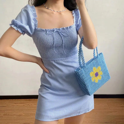 nvxiot  -  Little Fresh Pleated Blue White Plaid Bubble Sleeve Square Neck Short Sleeve A-line Dress