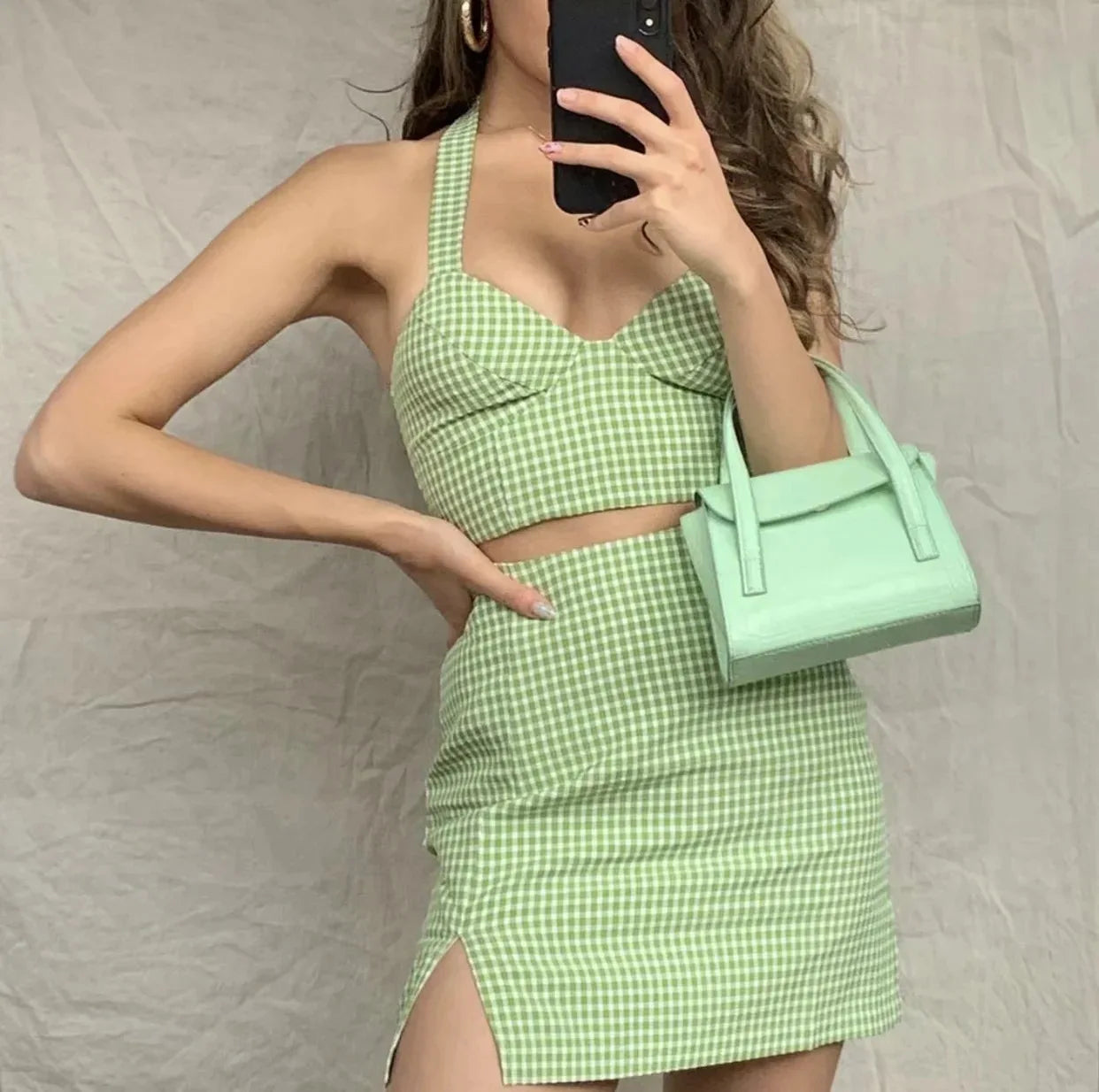 vzyzv -  Summer Green Plaid Print Halter Neck 2 Two Piece Set Women High Waist Sexy Mini A Line Skirt Sleeveless Y2k Crop Tops Suit