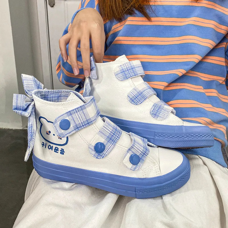 vzyzv  -  White Blue Cute Jk Loli Girl Woman Canvas Shoes New High Top Lolita Japanese Street Fashion Shoe Bowknot Women's Sneakers