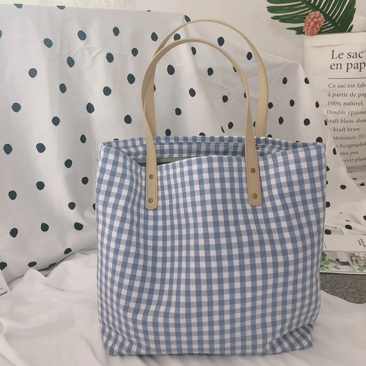 vzyzv  -  Korean Vintage Plaid Women Large Capacity Big Tote Cotton Fabric Eco Book Reusable Shoulder Bags Casual Girl Travel Handbag