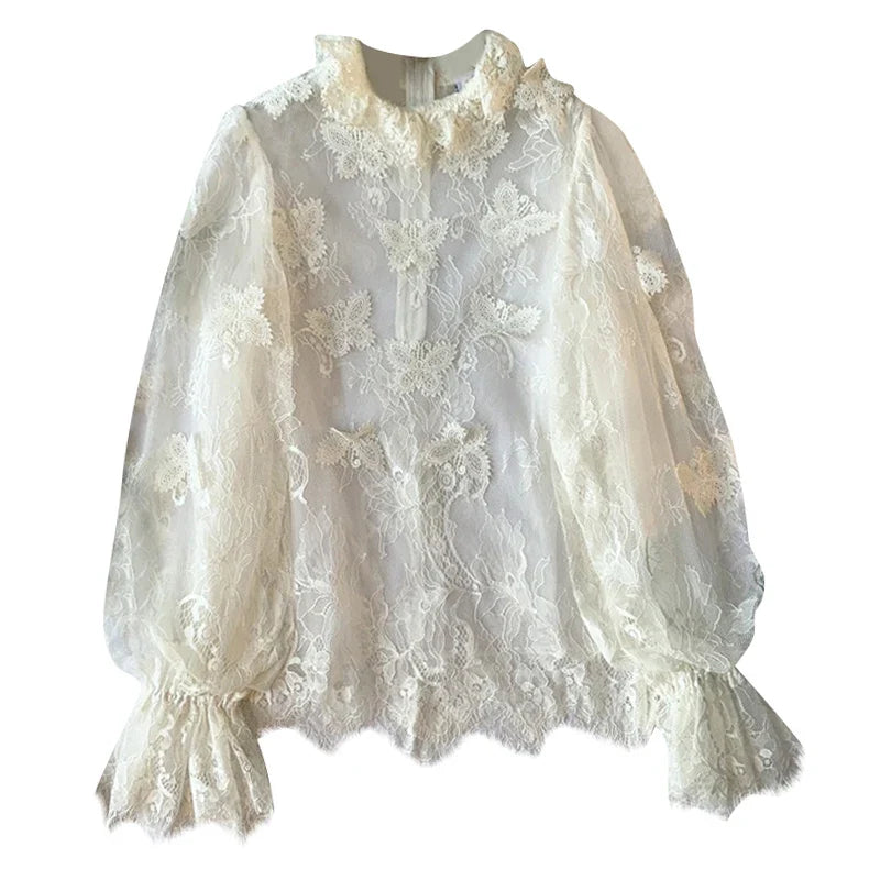 vzyzv  -  French temperament elegant palace style flower embroidery lantern sleeve lace vintage retro top  princess lace top shirt court