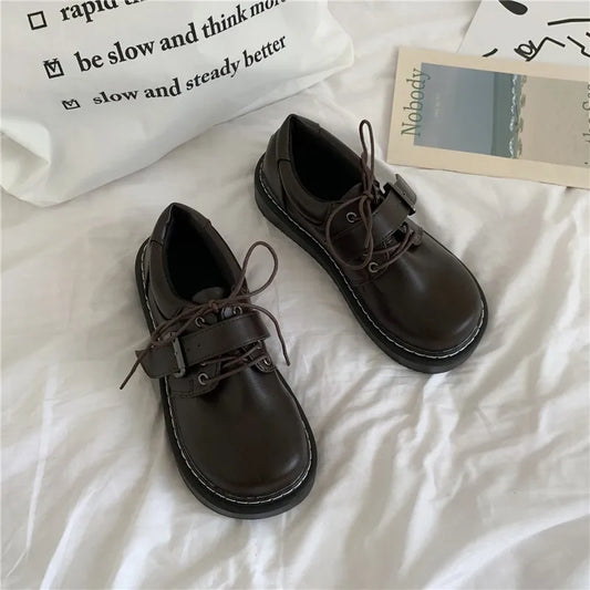 vzyzv  -  Sweet Girl Cute Shoes Japanese Cos Round Head Female Students Flat Academic Jk Uniform Lace Up Buckle Cosplay Women Kawaii Shoe