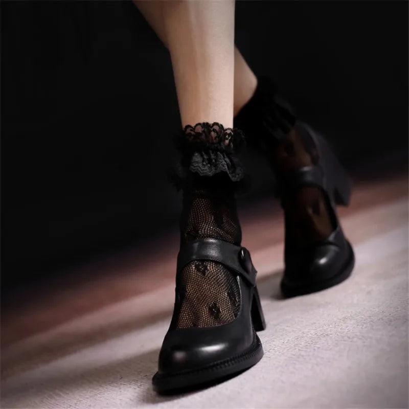 vzyzv  -  White Black Mary Jane Shoes Women's Round Head Lolita Retro High Chunky Heels Jk Uniform Female Elegance Lady Gothic Women Shoes