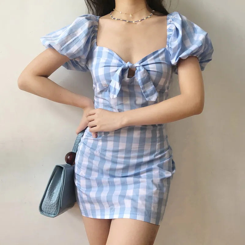 nvxiot  -  European and American Retro Chest Bow Square Neck Bubble Sleeve Slim Blue White Plaid Dress