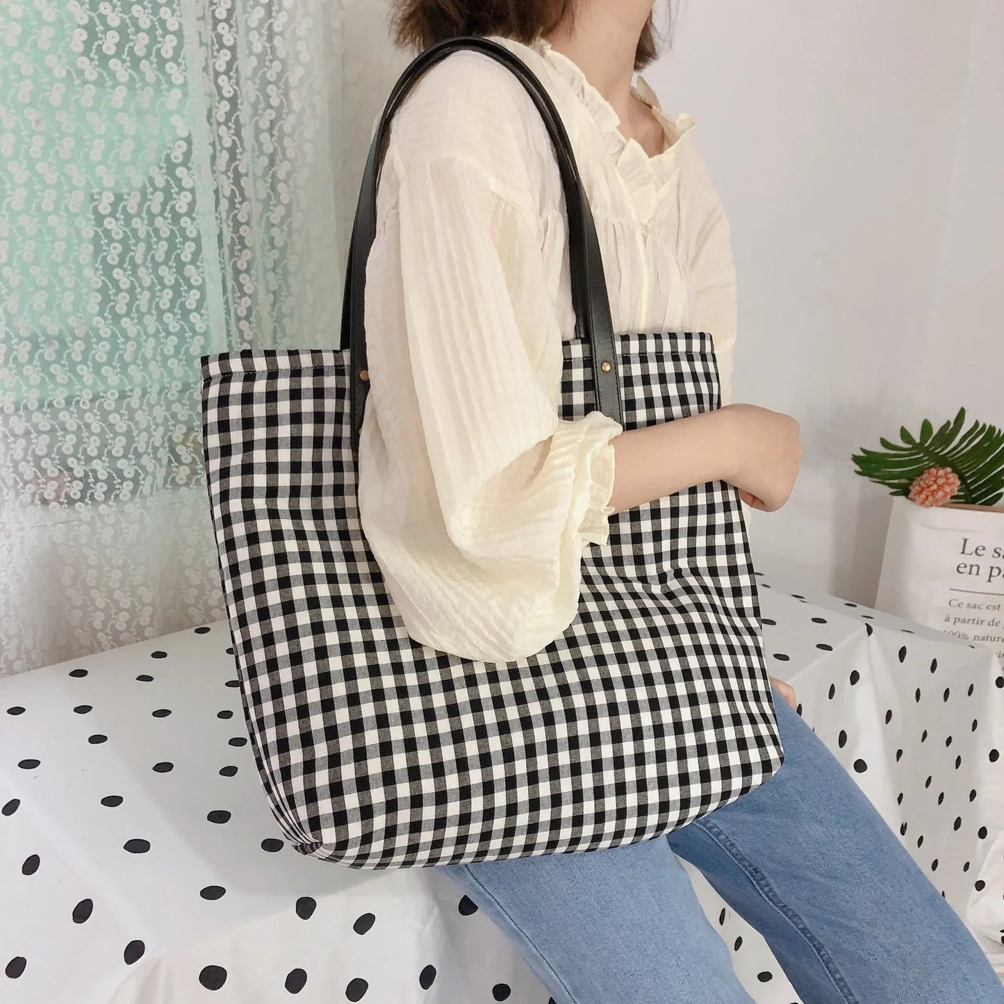 vzyzv  -  Korean Vintage Plaid Women Large Capacity Big Tote Cotton Fabric Eco Book Reusable Shoulder Bags Casual Girl Travel Handbag