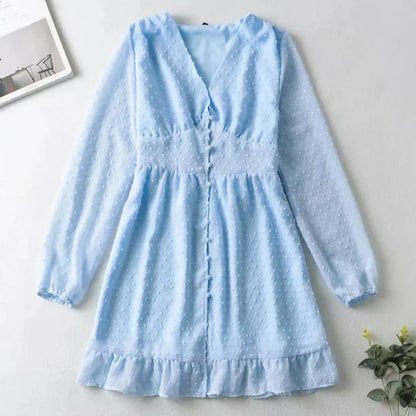 TAVIMART  -  Blue Chiffon Dobby Mini Dress Vintage Button Front Autumn Holiday Women Dress V-neck Ruffle Sheer Sexy Ladies Dresses