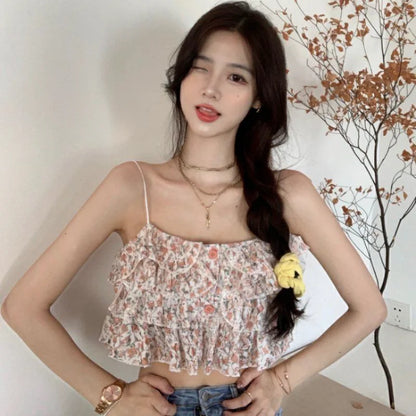 nvxiot  -   Ruffle Korean Sweet Holiday Top 2021 Summer Beach Floral Sexy Tops Women Backless Print Lace Kawaii Chiffon Blouse