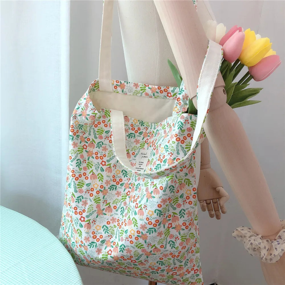 vzyzv  -  Women Canvas Flower Shoulder Bag Retro Floral Cotton Fabric  Big Shopping Bags Girls Reusable Folding Books Tote