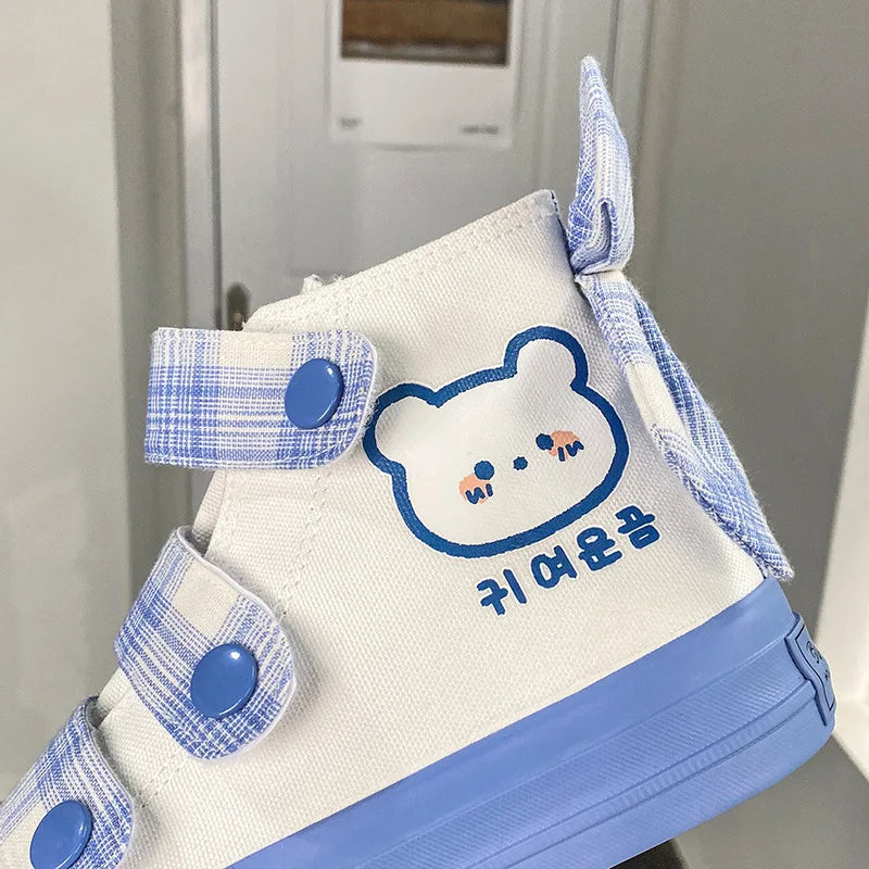 vzyzv  -  White Blue Cute Jk Loli Girl Woman Canvas Shoes New High Top Lolita Japanese Street Fashion Shoe Bowknot Women's Sneakers