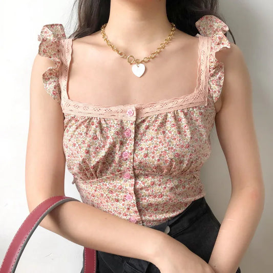 nvxiot  -  Flower Buckle Cute Floral Lace Square Neck Flying Sleeve Ruffle Vest Suspender Top