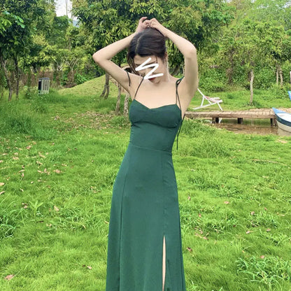 vzyzv  -  French Retro V-Neck Green Chiffon Strap Dress Womem Vintage Sweet Midi Camisole Dress Side Split Casual Long Dress New