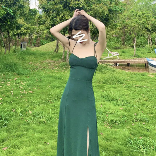 vzyzv  -  French Retro V-Neck Green Chiffon Strap Dress Womem Vintage Sweet Midi Camisole Dress Side Split Casual Long Dress New