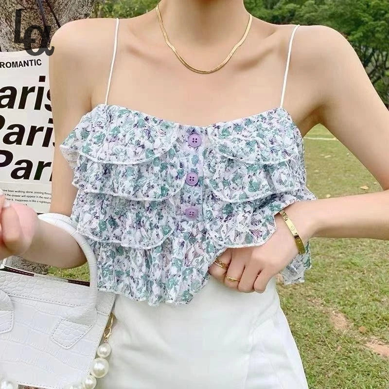 nvxiot  -   Ruffle Korean Sweet Holiday Top 2021 Summer Beach Floral Sexy Tops Women Backless Print Lace Kawaii Chiffon Blouse