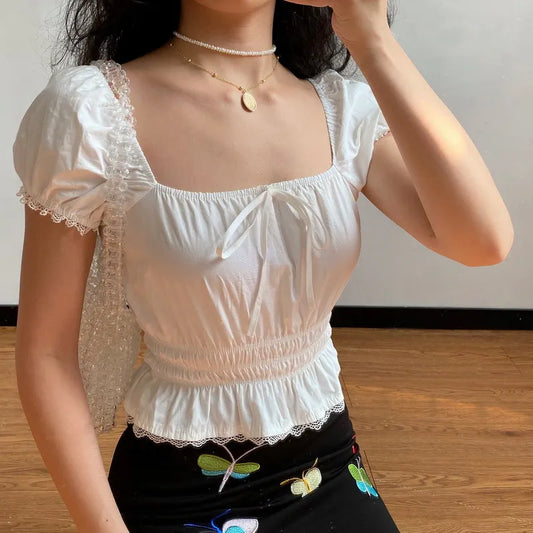 nvxiot  -  French Retro White Lace Edge Square Neck Short Sleeve Shirt Women's Bubble Sleeve Waist Down