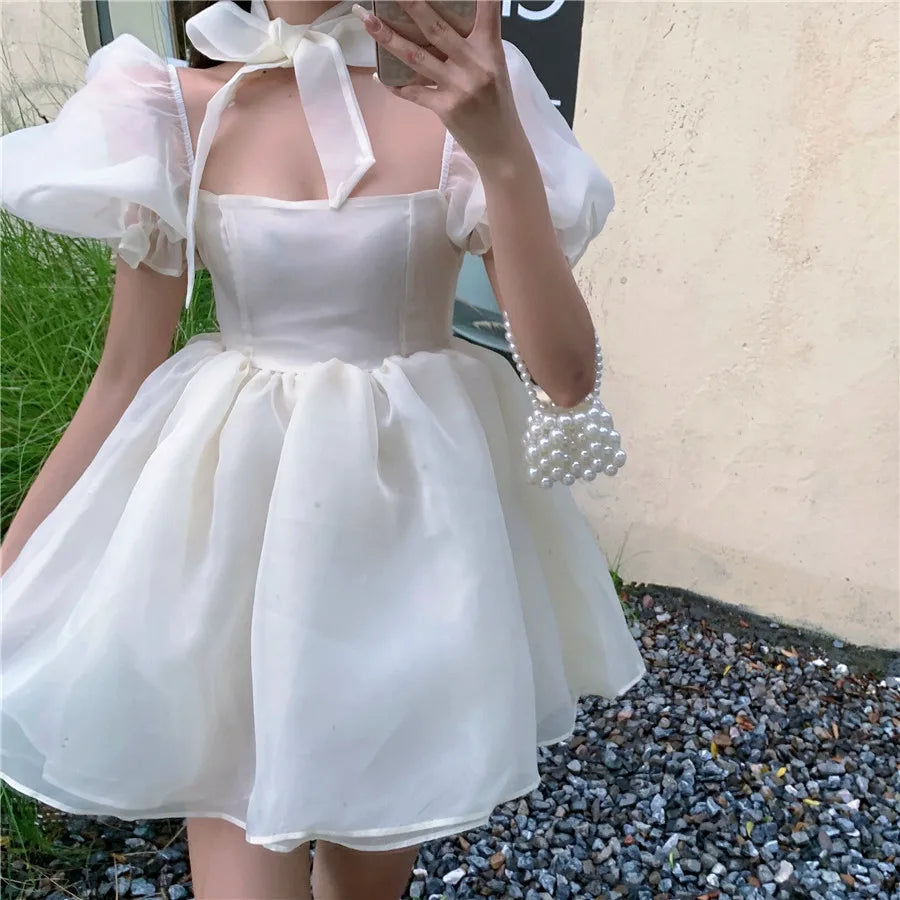 vzyzv  -  Woman Sweet Pink Dress Summer Retro Elegant Square Collar Puff Sleeve Fluffy Dress Korean Organza Mini Princess Dress