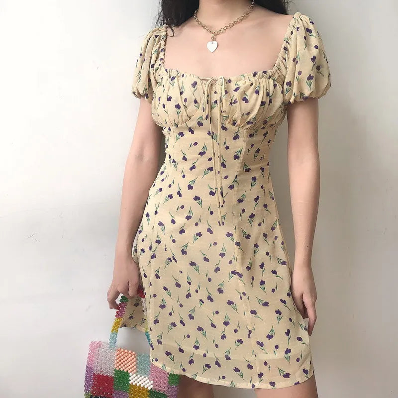 nvxiot  -  French Drawstring Bandage Chiffon Tulip Print Bubble Sleeve Waist Down Dress