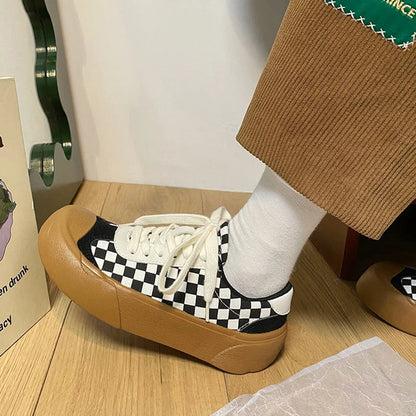 vzyzv  -  Women's Retro Checkerboard Plaid Canvas Shoes, Women's Round Toe Lace-Up Platform Plaid Sneakers Flat Sports and Leisure Street