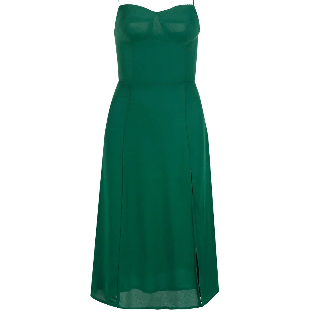 vzyzv  -  French Retro V-Neck Green Chiffon Strap Dress Womem Vintage Sweet Midi Camisole Dress Side Split Casual Long Dress New