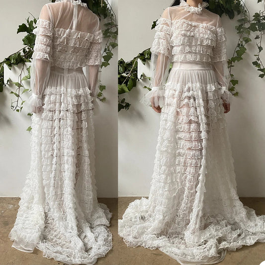 vzyzv -  Summer Robes Women's Prom Dresses Lace Photo Shoot High Collar Long Sleeve Birthday Party Bridal Fluffy Party Gown Custom Made