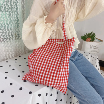 vzyzv  -  Women Cloth Eco Bag Korean Canvas Shoulder Large Shopping Bags Plaid Ladies Pouch Girls Book Handbags Bolsa Feminina Bolsa Tela