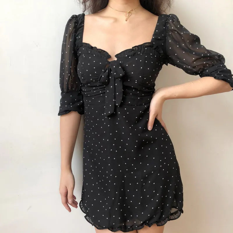 nvxiot  -  French Minority Retro Sexy Square Neck Bubble Sleeve Mesh Short Sleeve Polka Dot Dress Skirt