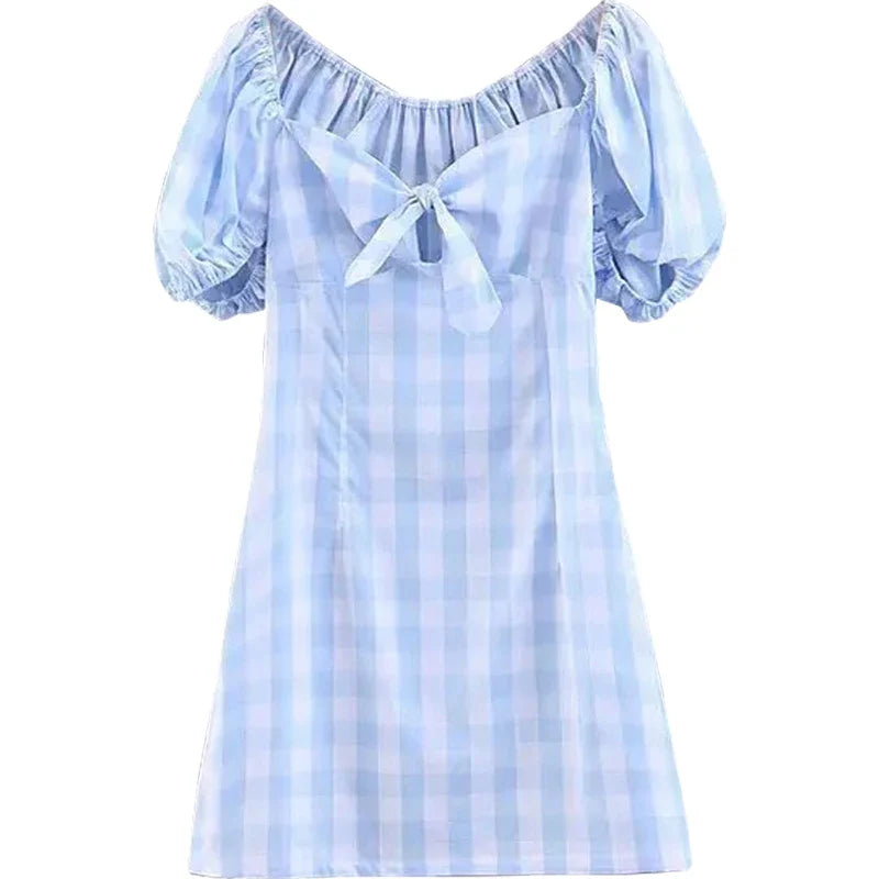 nvxiot  -  European and American Retro Chest Bow Square Neck Bubble Sleeve Slim Blue White Plaid Dress