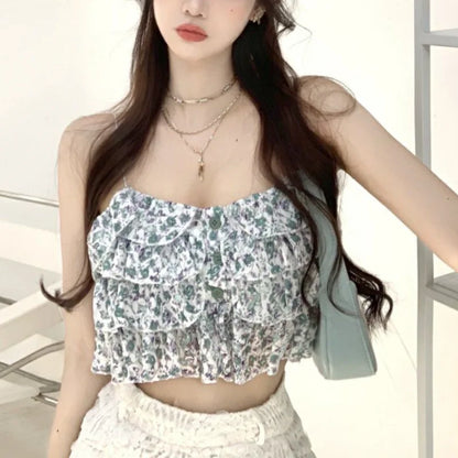 nvxiot  -   Ruffle Korean Sweet Holiday Top 2021 Summer Beach Floral Sexy Tops Women Backless Print Lace Kawaii Chiffon Blouse