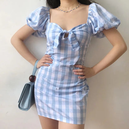 nvxiot  -  European and American Retro Chest Bow Square Neck Bubble Sleeve Slim Blue White Plaid Dress