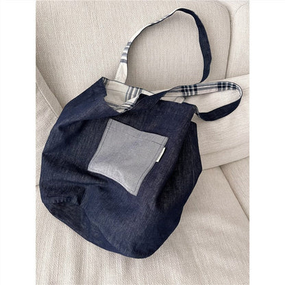 vzyzv  -  Retro Denim Plaid Stitching Double-Sided Back Tote Shoulder Bag Korean Simple College All-Match Homemade Autumn and Winter New