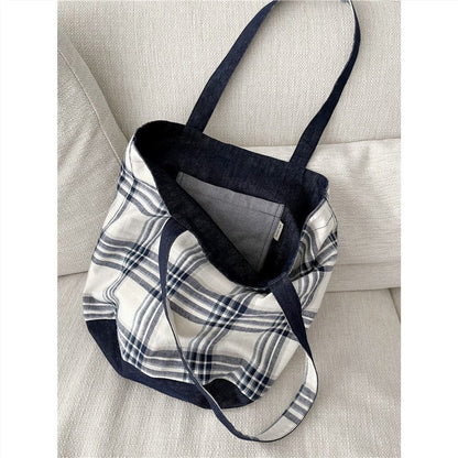 vzyzv  -  Retro Denim Plaid Stitching Double-Sided Back Tote Shoulder Bag Korean Simple College All-Match Homemade Autumn and Winter New