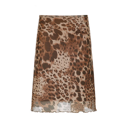 vzyzv  -  American Retro Street Style Leopard Print Mesh Skirt Summer Slim Slimming High Waist Fashion Temperament Sheath a Skirt