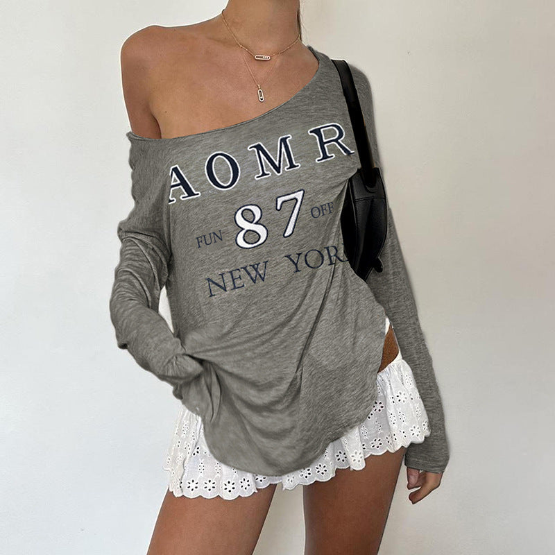 vzyzv  -  New Street Loose Top T-shirt Digital Printing Casual All-Match Retro off-Shoulder Outer Wear Long Sleeve