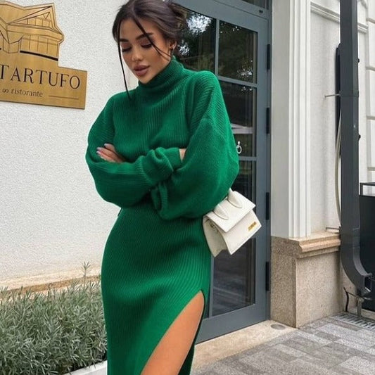 vzyzv  -  2024 fall fashion trends Hot Sale Autumn and Winter New Turtleneck Loose Pullover Top Split Sexy Long Skirt Two-Piece Set