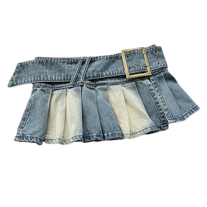 TAVIMART  -  New European and American Sexy Split Belt Denim Skirt Women's Low-waist Pleated Skirt Millennium A-line Short Skirt 3009