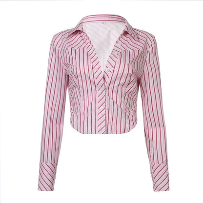 vzyzv  -  Fashionable Retro Street Commuter Style Striped Shirt 2024 American Temperament New Casual Cardigan Long Sleeve