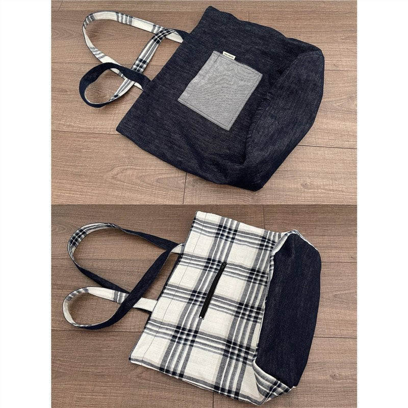 vzyzv  -  Retro Denim Plaid Stitching Double-Sided Back Tote Shoulder Bag Korean Simple College All-Match Homemade Autumn and Winter New