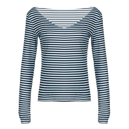 vzyzv  -  Fall 2024 American Contrast Color Striped Printed Deep V-neck Long-Sleeved T-shirt Women's Retro Casual Pullover Top Women