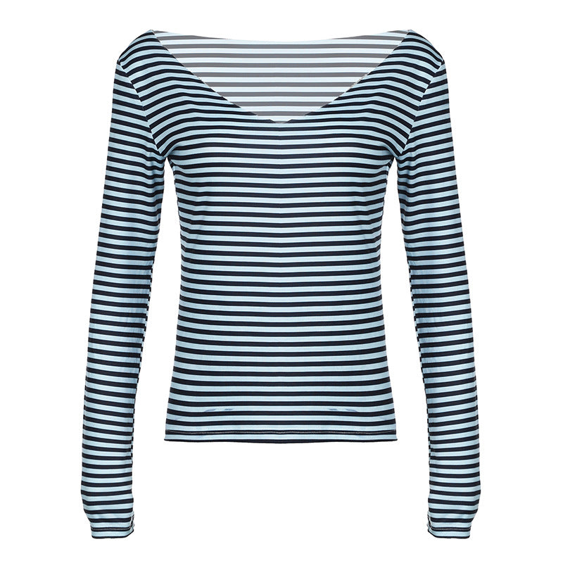 vzyzv  -  Fall 2024 American Contrast Color Striped Printed Deep V-neck Long-Sleeved T-shirt Women's Retro Casual Pullover Top Women