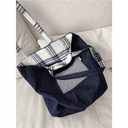 vzyzv  -  Retro Denim Plaid Stitching Double-Sided Back Tote Shoulder Bag Korean Simple College All-Match Homemade Autumn and Winter New