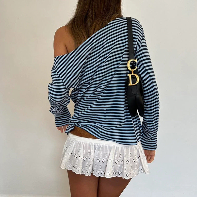 vzyzv  -  Fall 2024 American Contrast Color Striped Printed Deep V-neck Long-Sleeved T-shirt Women's Retro Casual Pullover Top Women