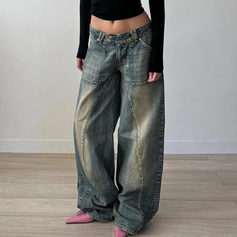 vzyzv  -  Denim Irregular Jeans America Sexy Cotton Distressed Split Line Pants Girl Retro Casual Low Waist Loose Versatile Wide Leg Pants