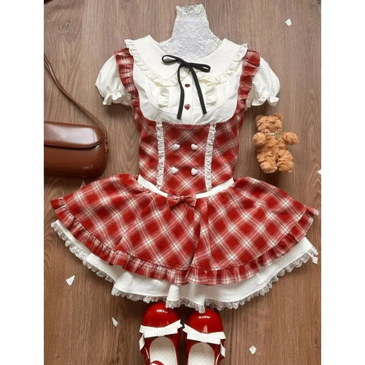 vzyzv  -  Sweet Elegant Lolita Style 2 Piece Sets Women Kawaii White Shirts Cute Love Button Bow Plaid Dresses Japanese Fashion Skirt Suit