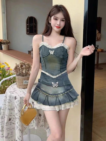 nvxiot  -   Summer Sexy Lace Sleeveless Korean Sets Women Retro Bow Casual Aesthetic Y2k Tops + Ruched Slim Elegant Party Mini Skirt 2024